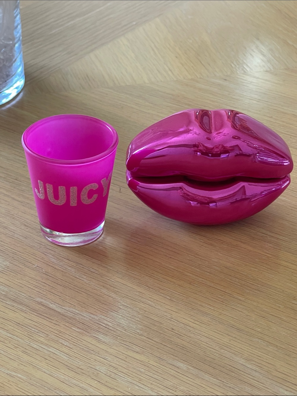 Juicy Couture Hot Pink Shot Glass with Metallic Pink Lips paperweight